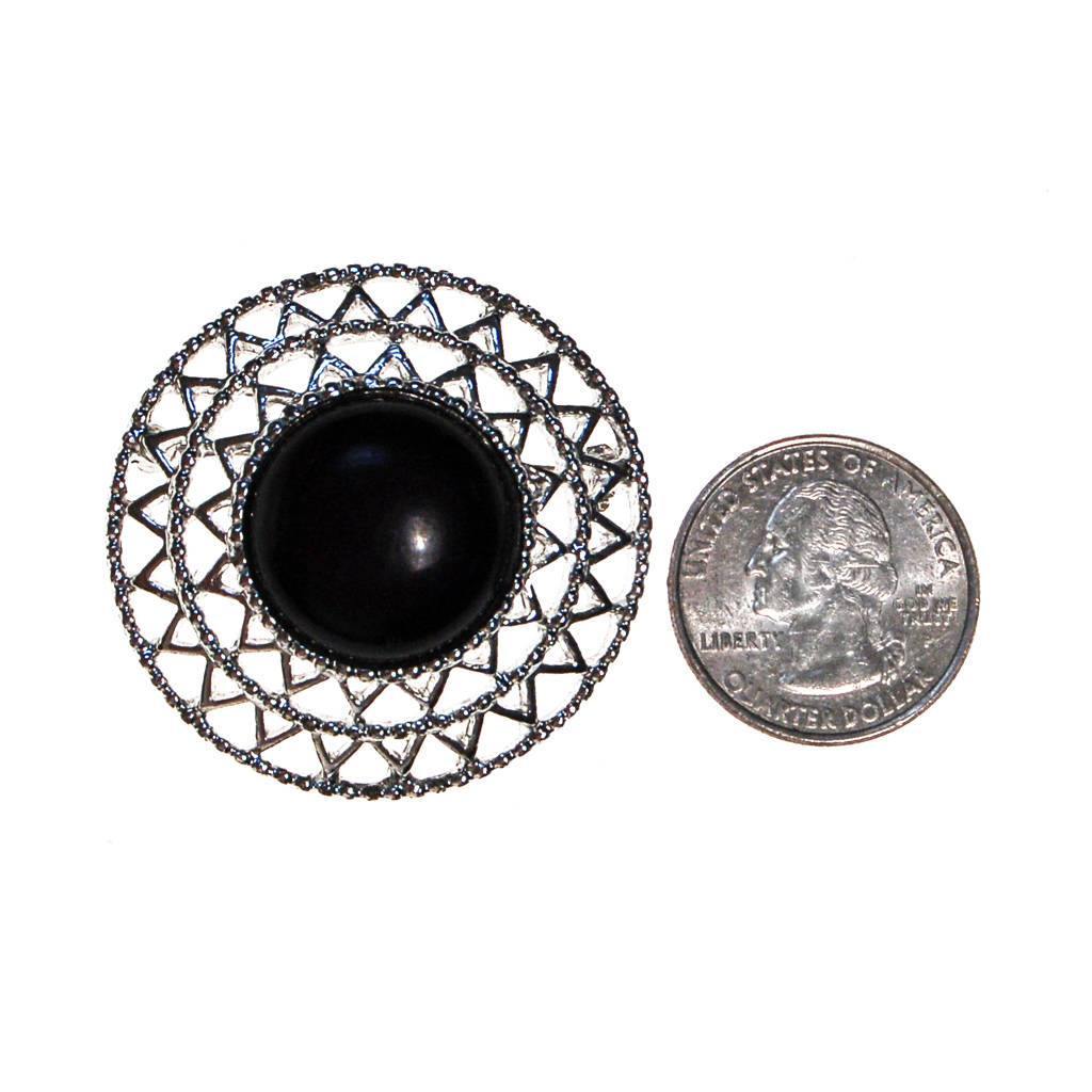 Sarah Coventry Silver Brooch with Black Lucite Center, Round Shape by Sarah Coventry - Vintage Meet Modern Vintage Jewelry - Chicago, Illinois - #oldhollywoodglamour #vintagemeetmodern #designervintage #jewelrybox #antiquejewelry #vintagejewelry