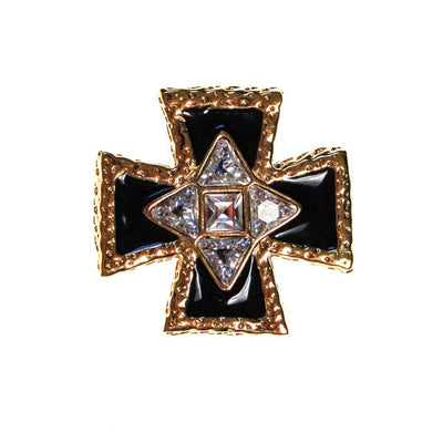 St John Maltese Cross Pendant Brooch, Gold Tone, Black Enamel Rhinestones by St John - Vintage Meet Modern Vintage Jewelry - Chicago, Illinois - #oldhollywoodglamour #vintagemeetmodern #designervintage #jewelrybox #antiquejewelry #vintagejewelry