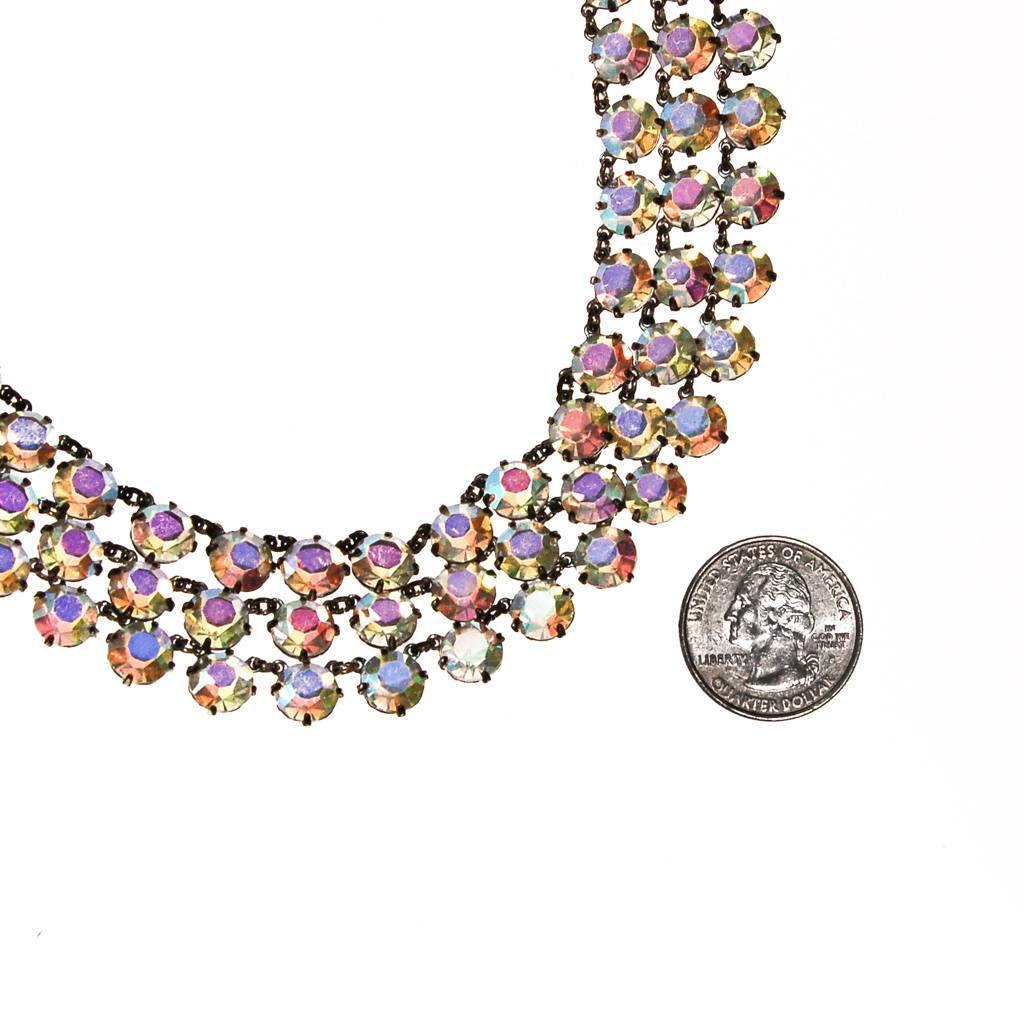 Triple Strand Aurora Borealis Bezel Set Crystal Beaded Necklace by Aurora Borealis - Vintage Meet Modern Vintage Jewelry - Chicago, Illinois - #oldhollywoodglamour #vintagemeetmodern #designervintage #jewelrybox #antiquejewelry #vintagejewelry