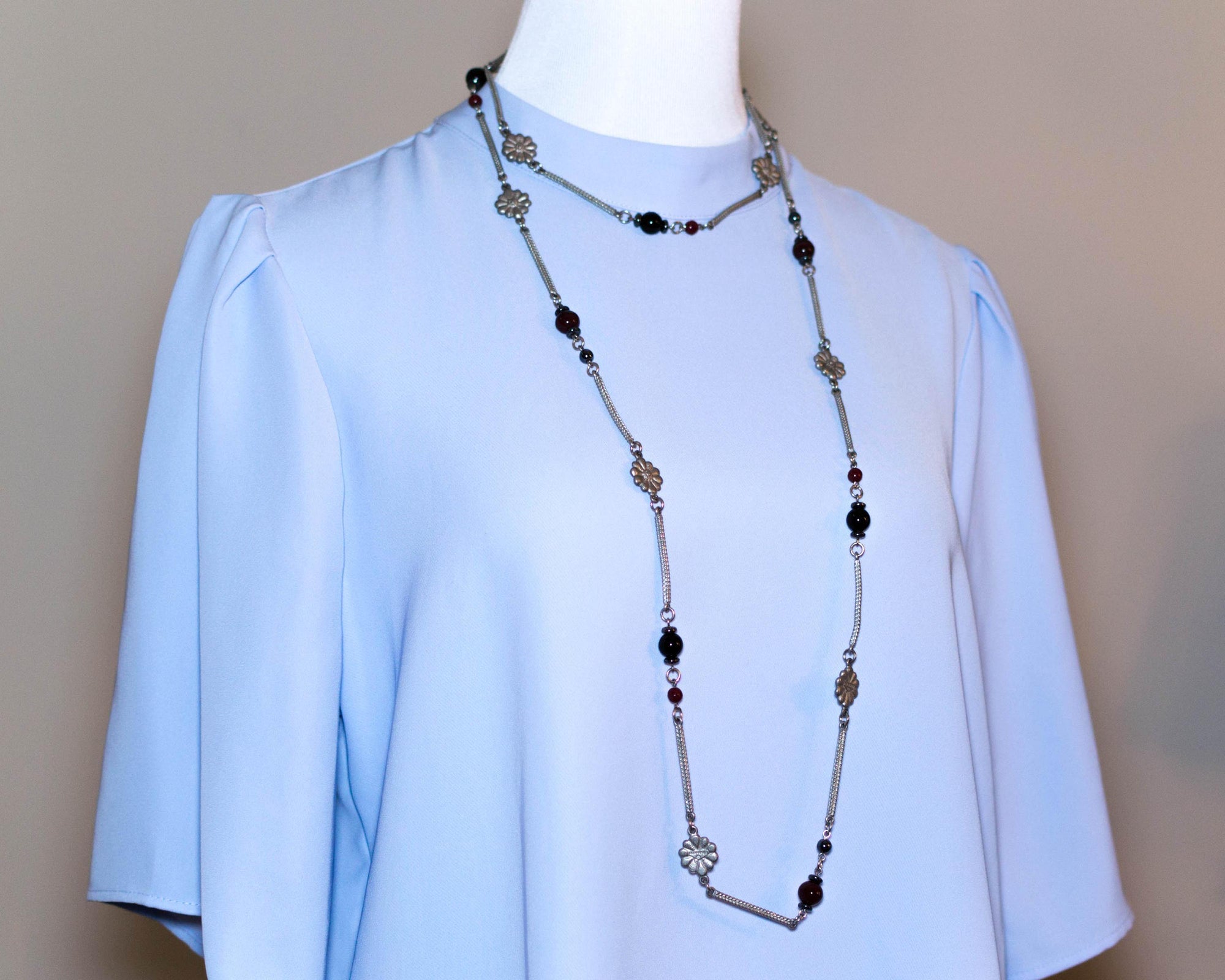 Ben Amun Silver and Burgundy Bead Necklace by Ben Amun - Vintage Meet Modern Vintage Jewelry - Chicago, Illinois - #oldhollywoodglamour #vintagemeetmodern #designervintage #jewelrybox #antiquejewelry #vintagejewelry