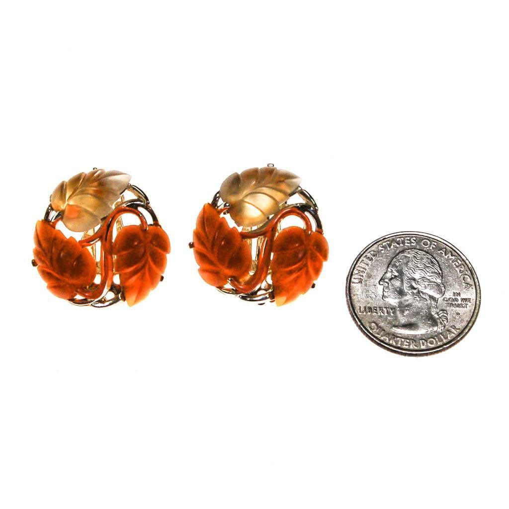 STAR Orange and Yellow Lucite Leaf Earrings by STAR - Vintage Meet Modern Vintage Jewelry - Chicago, Illinois - #oldhollywoodglamour #vintagemeetmodern #designervintage #jewelrybox #antiquejewelry #vintagejewelry