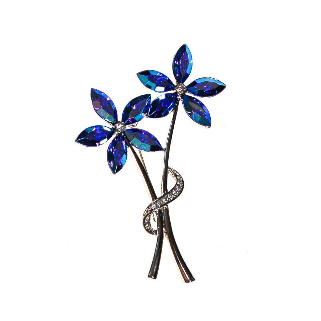Blue Rhinestone Flower Brooch, Pin, Silver Tone