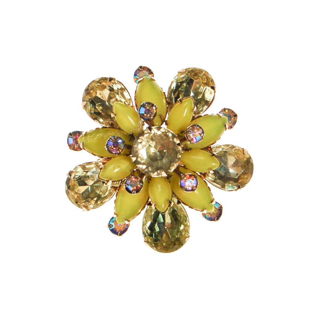 Yellow Rhinestone Brooch, Pin, Round Shape