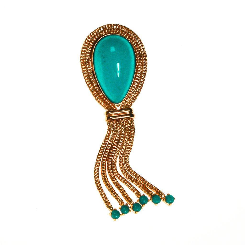 Made in Germany Turquoise Cabochon Brooch with Tassels by Made in West Germany - Vintage Meet Modern Vintage Jewelry - Chicago, Illinois - #oldhollywoodglamour #vintagemeetmodern #designervintage #jewelrybox #antiquejewelry #vintagejewelry
