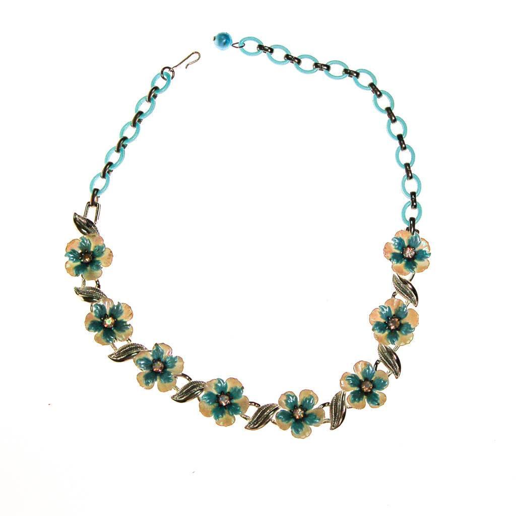 Coro White and Blue Flower with Rhinestones Necklace