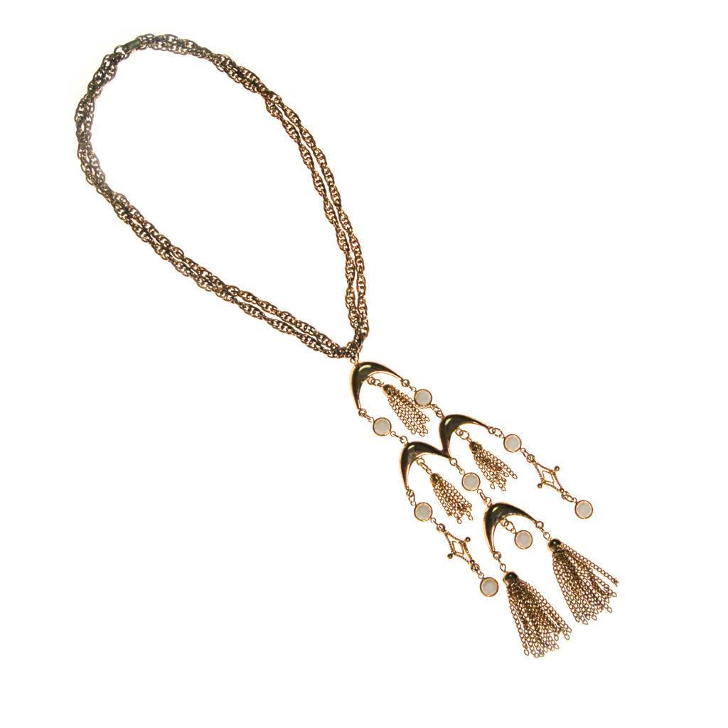 Gold and White Bezel Set Crystal Tassel  Statement Necklace by 1970s - Vintage Meet Modern Vintage Jewelry - Chicago, Illinois - #oldhollywoodglamour #vintagemeetmodern #designervintage #jewelrybox #antiquejewelry #vintagejewelry