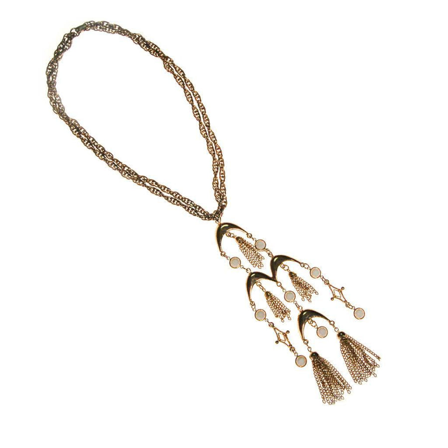 Gold and White Bezel Set Crystal Tassel  Statement Necklace by 1970s - Vintage Meet Modern Vintage Jewelry - Chicago, Illinois - #oldhollywoodglamour #vintagemeetmodern #designervintage #jewelrybox #antiquejewelry #vintagejewelry