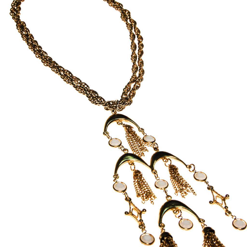 Gold and White Bezel Set Crystal Tassel  Statement Necklace by 1970s - Vintage Meet Modern Vintage Jewelry - Chicago, Illinois - #oldhollywoodglamour #vintagemeetmodern #designervintage #jewelrybox #antiquejewelry #vintagejewelry