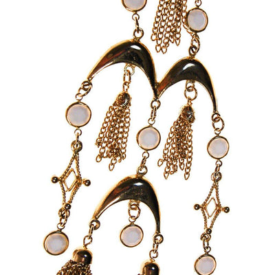 Gold and White Bezel Set Crystal Tassel  Statement Necklace by 1970s - Vintage Meet Modern Vintage Jewelry - Chicago, Illinois - #oldhollywoodglamour #vintagemeetmodern #designervintage #jewelrybox #antiquejewelry #vintagejewelry