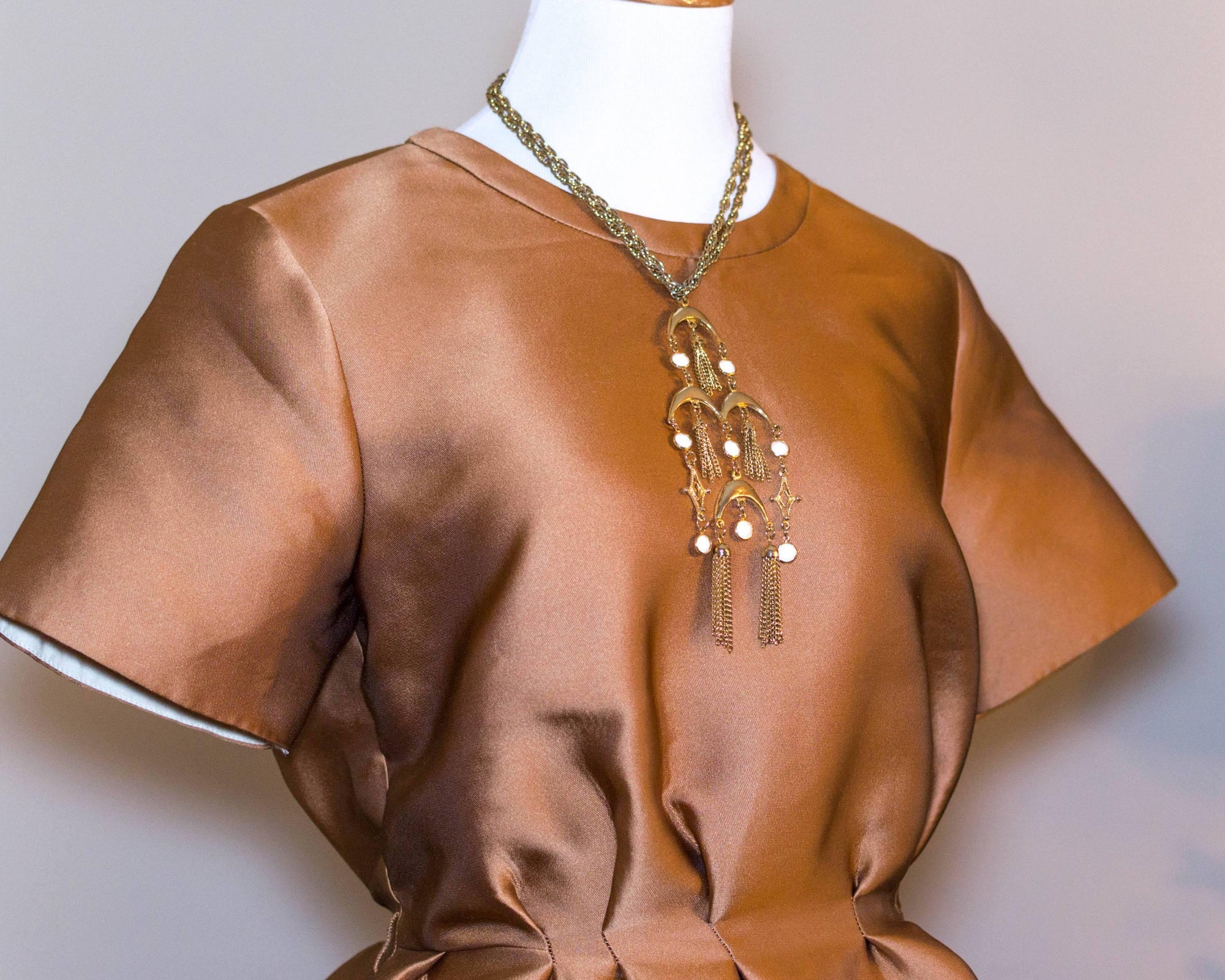 Gold and White Bezel Set Crystal Tassel  Statement Necklace by 1970s - Vintage Meet Modern Vintage Jewelry - Chicago, Illinois - #oldhollywoodglamour #vintagemeetmodern #designervintage #jewelrybox #antiquejewelry #vintagejewelry