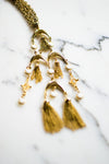 Gold and White Bezel Set Crystal Tassel  Statement Necklace by 1970s - Vintage Meet Modern Vintage Jewelry - Chicago, Illinois - #oldhollywoodglamour #vintagemeetmodern #designervintage #jewelrybox #antiquejewelry #vintagejewelry