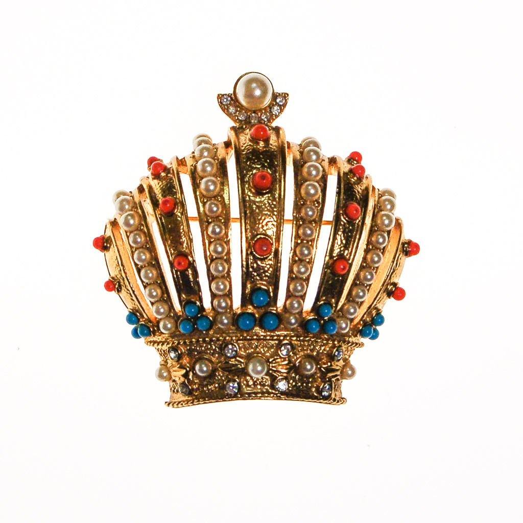 Joan Rivers Royal Crown Brooch, Gold Tone, Coral, Turquoise, and Faux Seed Pearl Accents