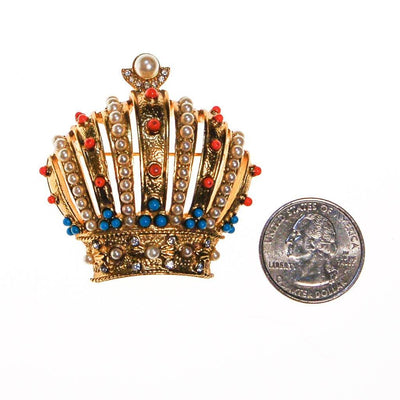 Joan Rivers Royal Crown Brooch, Gold Tone, Coral, Turquoise, and Faux Seed Pearl Accents by Joan Rivers - Vintage Meet Modern Vintage Jewelry - Chicago, Illinois - #oldhollywoodglamour #vintagemeetmodern #designervintage #jewelrybox #antiquejewelry #vintagejewelry