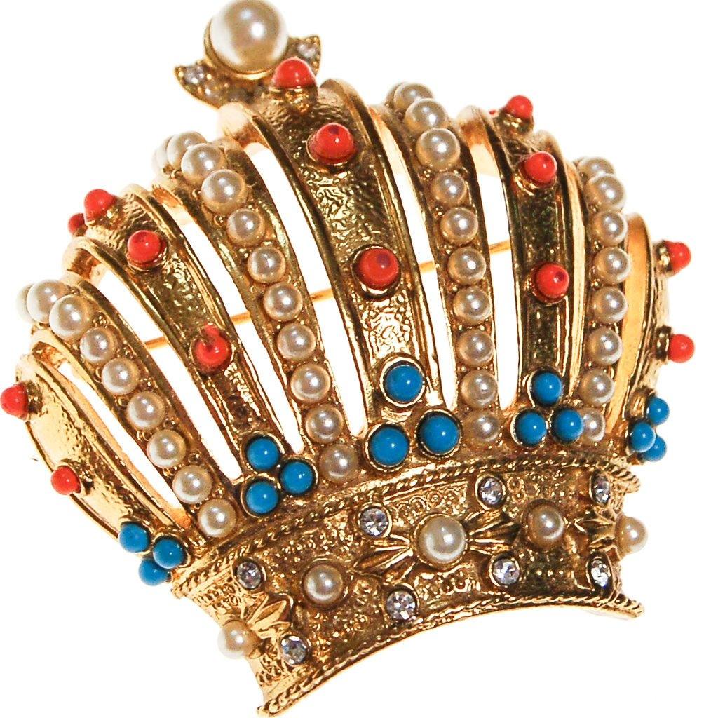 Joan Rivers Royal Crown Brooch, Gold Tone, Coral, Turquoise, and Faux Seed Pearl Accents by Joan Rivers - Vintage Meet Modern Vintage Jewelry - Chicago, Illinois - #oldhollywoodglamour #vintagemeetmodern #designervintage #jewelrybox #antiquejewelry #vintagejewelry
