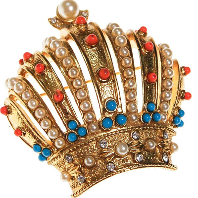 Joan Rivers Royal Crown Brooch, Gold Tone, Coral, Turquoise, and Faux Seed Pearl Accents by Joan Rivers - Vintage Meet Modern Vintage Jewelry - Chicago, Illinois - #oldhollywoodglamour #vintagemeetmodern #designervintage #jewelrybox #antiquejewelry #vintagejewelry
