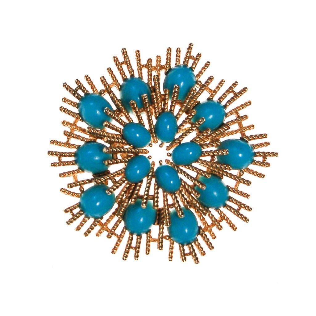 Avon Gold Atomic Burst Brooch with Turquoise Lucite Cabochons by Avon - Vintage Meet Modern Vintage Jewelry - Chicago, Illinois - #oldhollywoodglamour #vintagemeetmodern #designervintage #jewelrybox #antiquejewelry #vintagejewelry