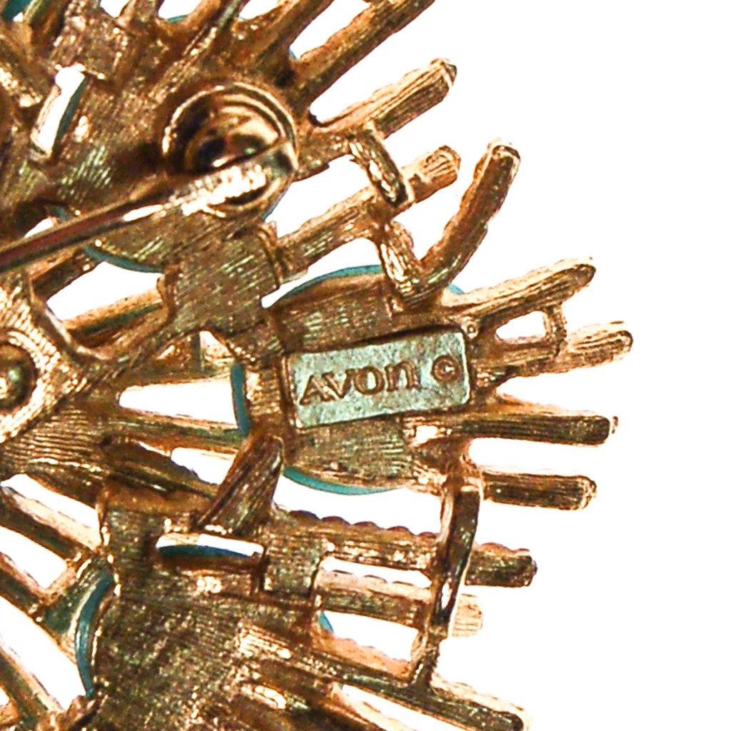 Avon Gold Atomic Burst Brooch with Turquoise Lucite Cabochons by Avon - Vintage Meet Modern Vintage Jewelry - Chicago, Illinois - #oldhollywoodglamour #vintagemeetmodern #designervintage #jewelrybox #antiquejewelry #vintagejewelry