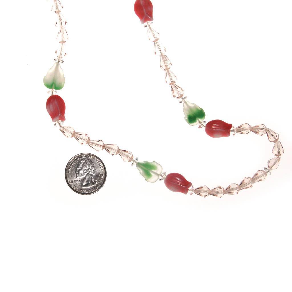 Diane von Furstenberg Pink Crystal, Pink Tulip, Green Leave Beaded Necklace, DVF, Designer Vintage Jewelry, 1970s by Diane von Furstenberg - Vintage Meet Modern Vintage Jewelry - Chicago, Illinois - #oldhollywoodglamour #vintagemeetmodern #designervintage #jewelrybox #antiquejewelry #vintagejewelry