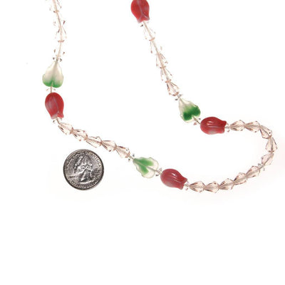 Diane von Furstenberg Pink Crystal, Pink Tulip, Green Leave Beaded Necklace, DVF, Designer Vintage Jewelry, 1970s by Diane von Furstenberg - Vintage Meet Modern Vintage Jewelry - Chicago, Illinois - #oldhollywoodglamour #vintagemeetmodern #designervintage #jewelrybox #antiquejewelry #vintagejewelry