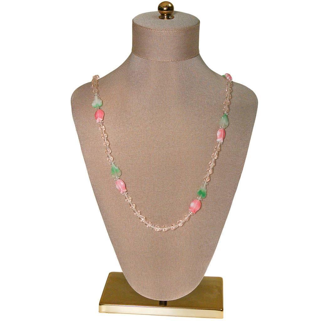 Diane von Furstenberg Pink Crystal, Pink Tulip, Green Leave Beaded Necklace, DVF, Designer Vintage Jewelry, 1970s by Diane von Furstenberg - Vintage Meet Modern Vintage Jewelry - Chicago, Illinois - #oldhollywoodglamour #vintagemeetmodern #designervintage #jewelrybox #antiquejewelry #vintagejewelry