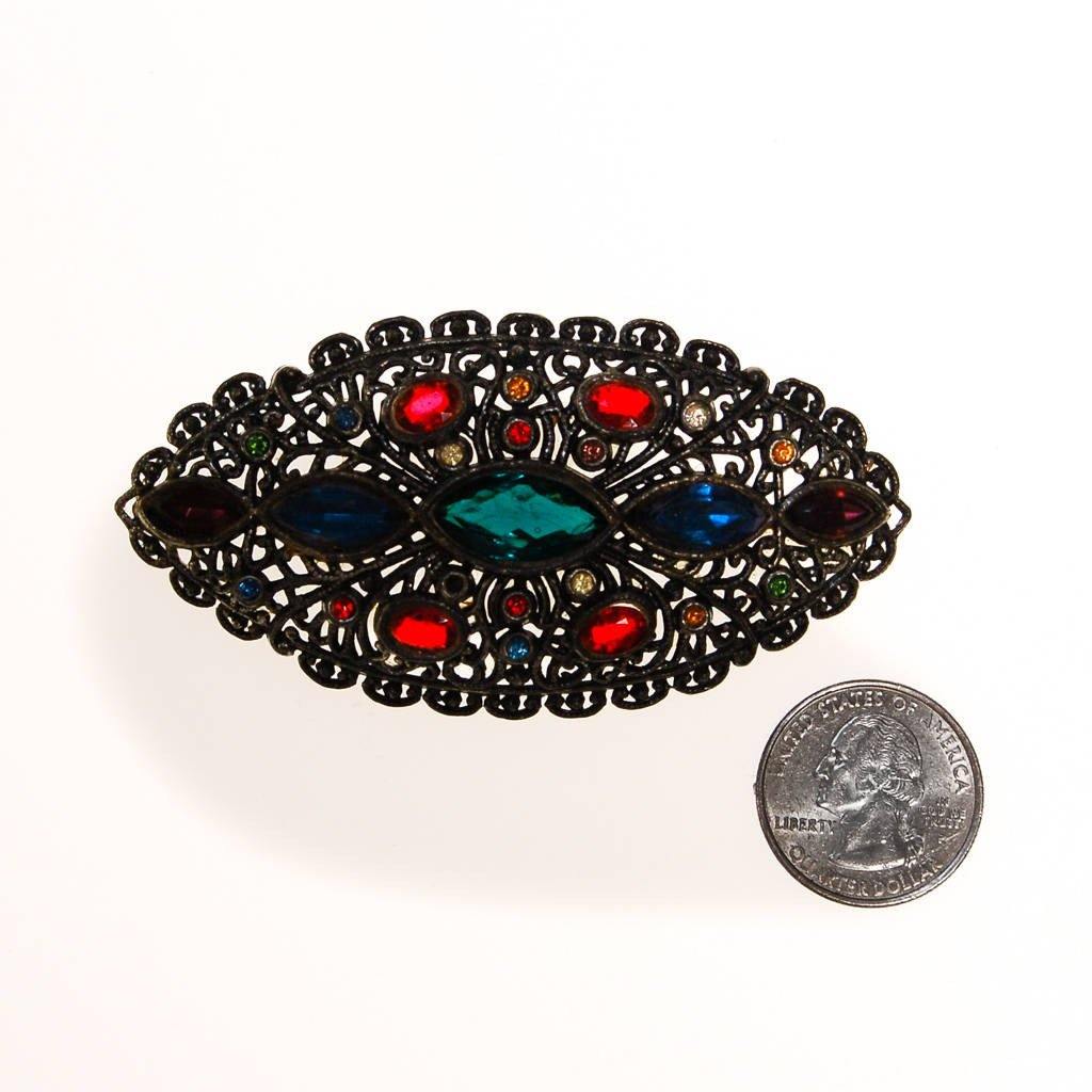 Vintage Jewel Tone Rhinestone Brooch by Victorian Gothic - Vintage Meet Modern Vintage Jewelry - Chicago, Illinois - #oldhollywoodglamour #vintagemeetmodern #designervintage #jewelrybox #antiquejewelry #vintagejewelry