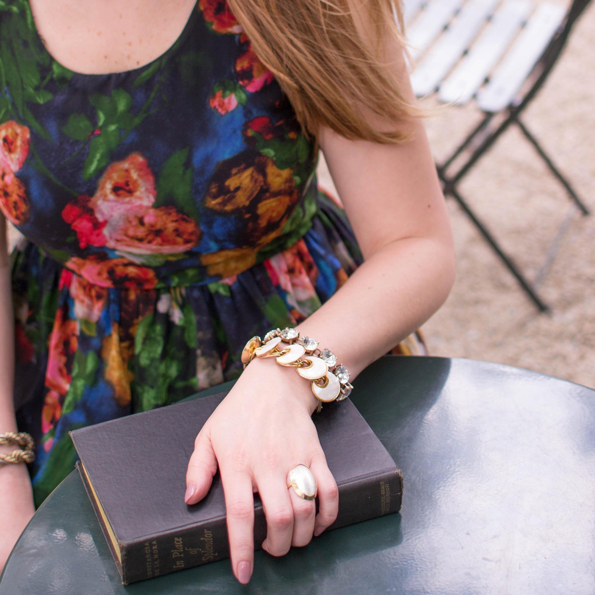 Mother of Pearl Disc and Gold Link Bracelet by Mother of Pearl - Vintage Meet Modern Vintage Jewelry - Chicago, Illinois - #oldhollywoodglamour #vintagemeetmodern #designervintage #jewelrybox #antiquejewelry #vintagejewelry