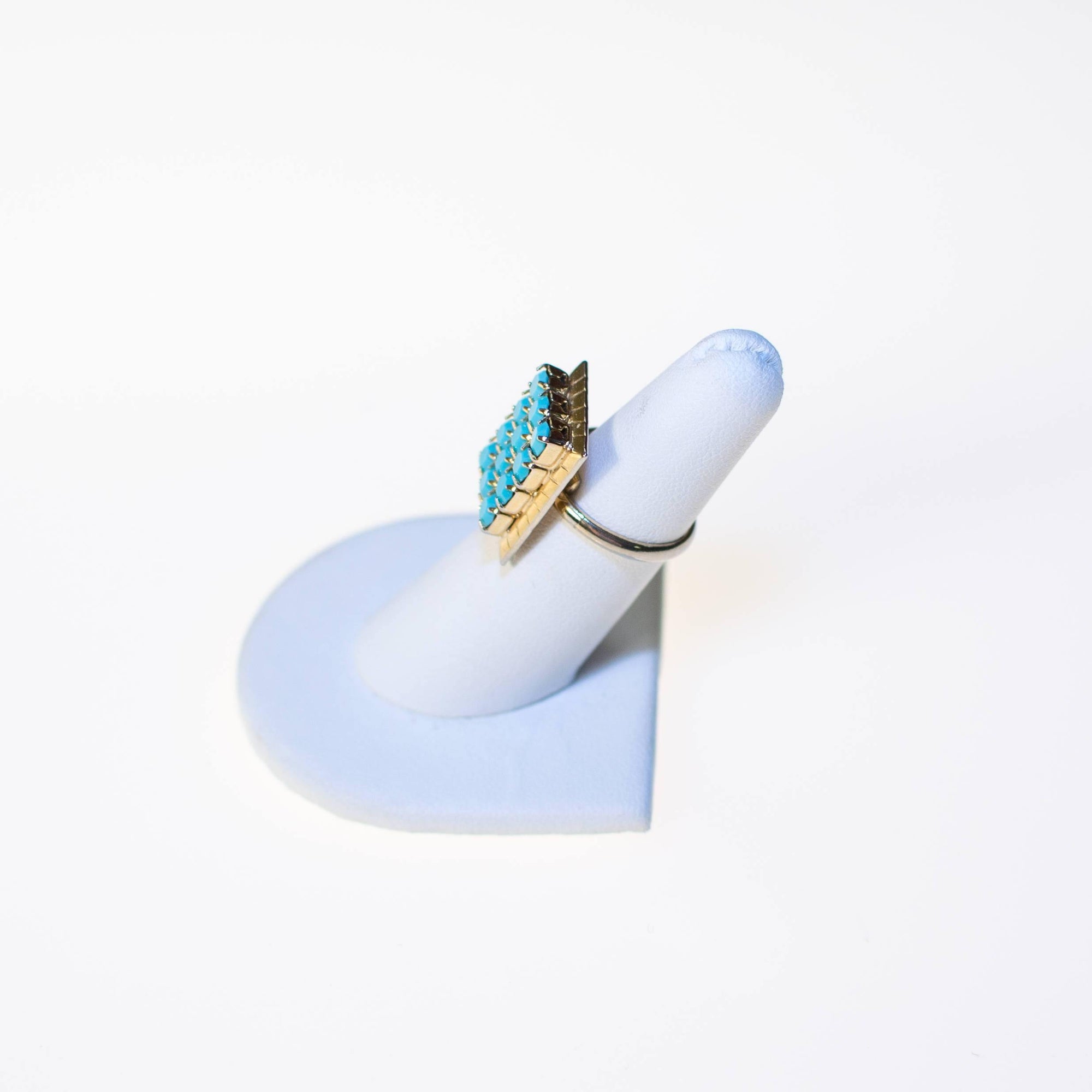 Turquoise Blue Rhinestones Gold Tone Ring, Adjustable by 1960s - Vintage Meet Modern Vintage Jewelry - Chicago, Illinois - #oldhollywoodglamour #vintagemeetmodern #designervintage #jewelrybox #antiquejewelry #vintagejewelry