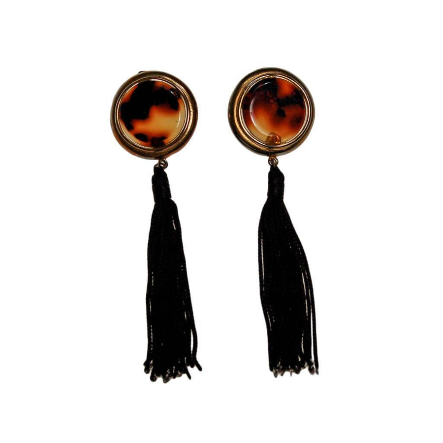 Diane von Furstenberg Tortoise and Black Silk Tassel Earrings by Diane von Furstenberg - Vintage Meet Modern Vintage Jewelry - Chicago, Illinois - #oldhollywoodglamour #vintagemeetmodern #designervintage #jewelrybox #antiquejewelry #vintagejewelry