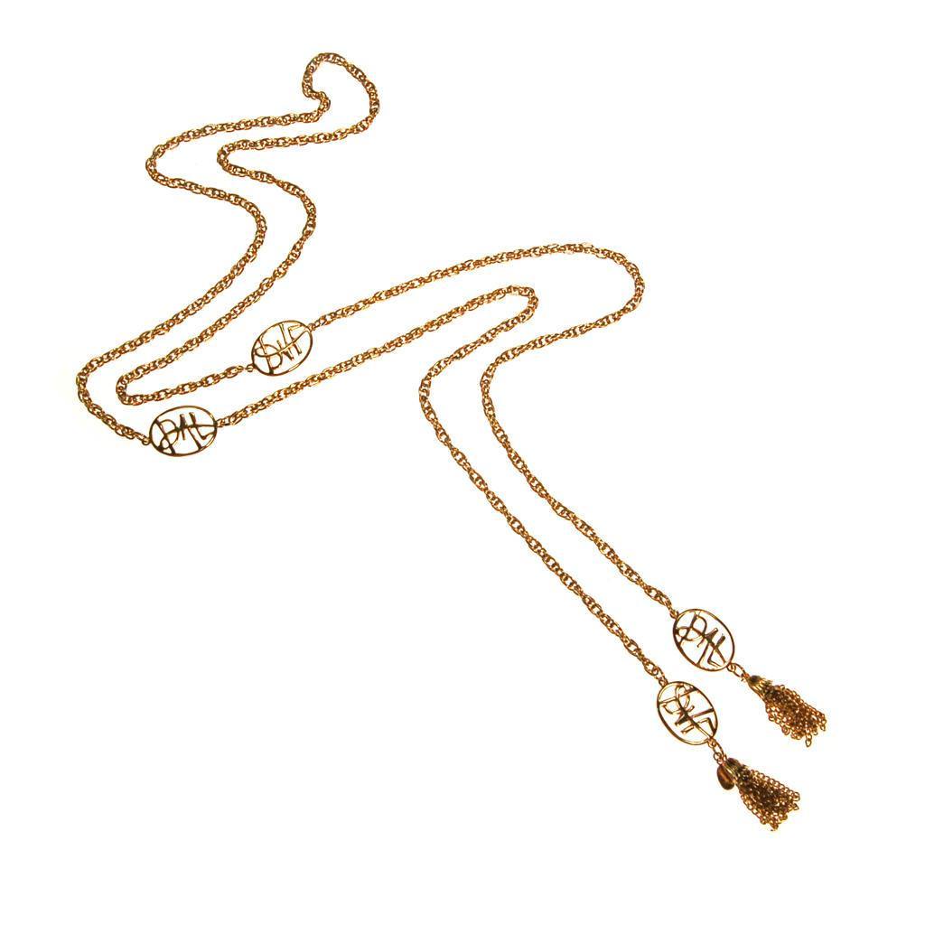 Diane von Furstenberg Gold Tassel Lariat Necklace, DVF, Designer Vintage Jewelry, 1970s