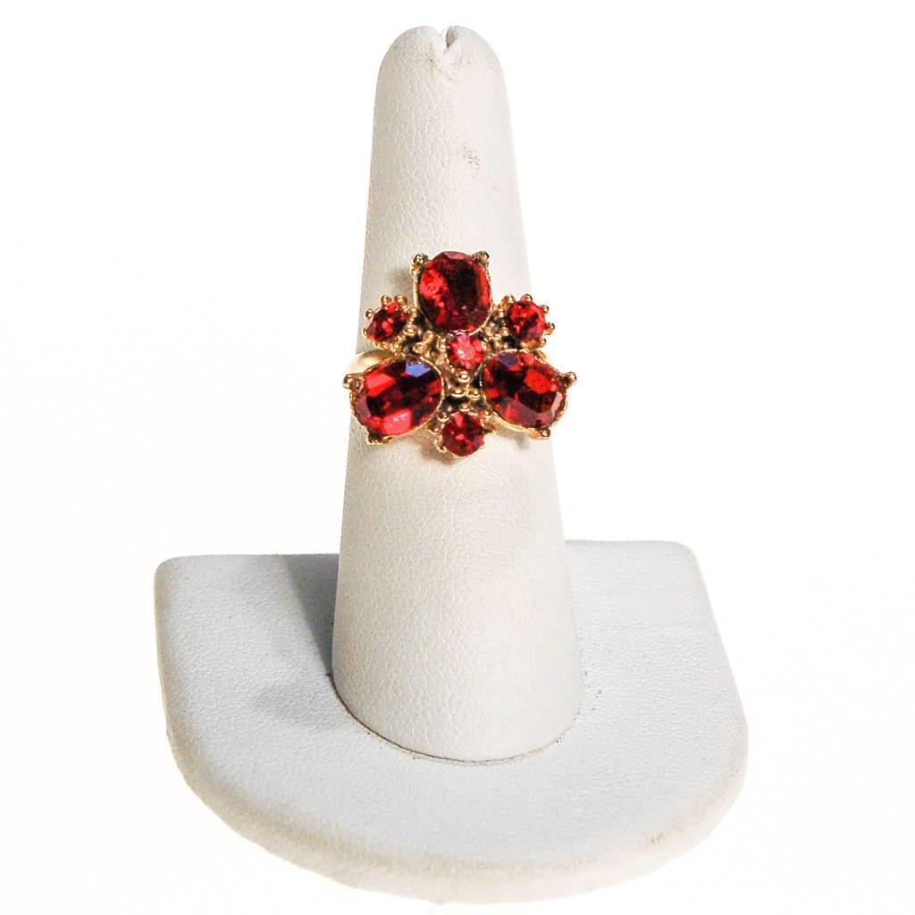 Red Rhinestone Statement Ring, Gold Tone, Adjustable, Ring Size 7 by 1960s - Vintage Meet Modern Vintage Jewelry - Chicago, Illinois - #oldhollywoodglamour #vintagemeetmodern #designervintage #jewelrybox #antiquejewelry #vintagejewelry