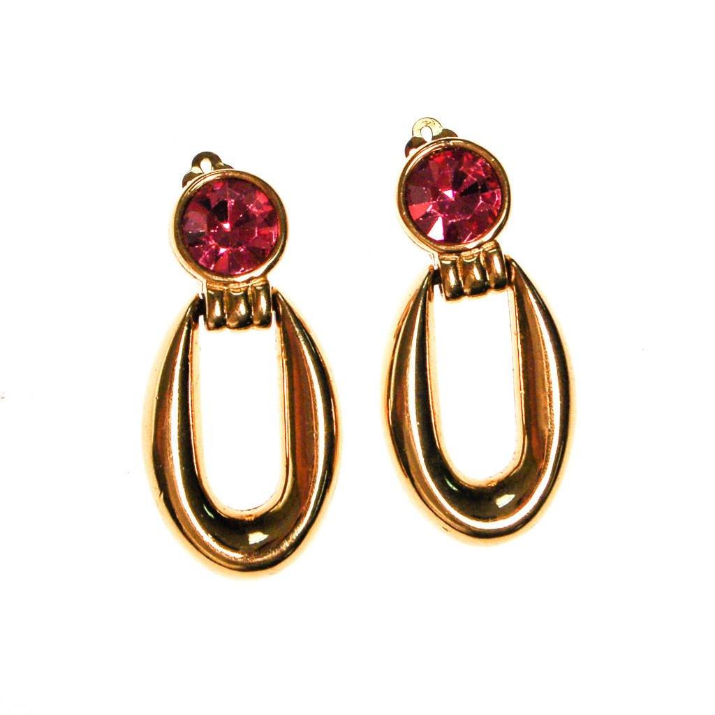 Vintage Givenchy Couture Signed Designer Gold Tone Door Knocker Earrings with Pink Rhinestone by Givenchy - Vintage Meet Modern Vintage Jewelry - Chicago, Illinois - #oldhollywoodglamour #vintagemeetmodern #designervintage #jewelrybox #antiquejewelry #vintagejewelry