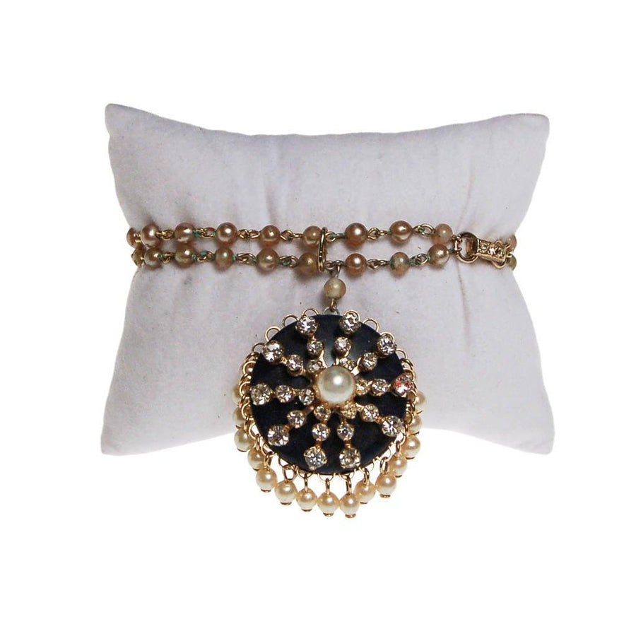 Kramer Faux Pearl, Rhinestone, Blue Lucite Charm Bracelet by Kramer - Vintage Meet Modern Vintage Jewelry - Chicago, Illinois - #oldhollywoodglamour #vintagemeetmodern #designervintage #jewelrybox #antiquejewelry #vintagejewelry