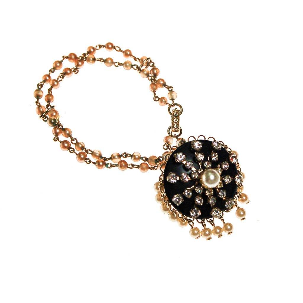 Kramer Faux Pearl, Rhinestone, Blue Lucite Charm Bracelet by Kramer - Vintage Meet Modern Vintage Jewelry - Chicago, Illinois - #oldhollywoodglamour #vintagemeetmodern #designervintage #jewelrybox #antiquejewelry #vintagejewelry