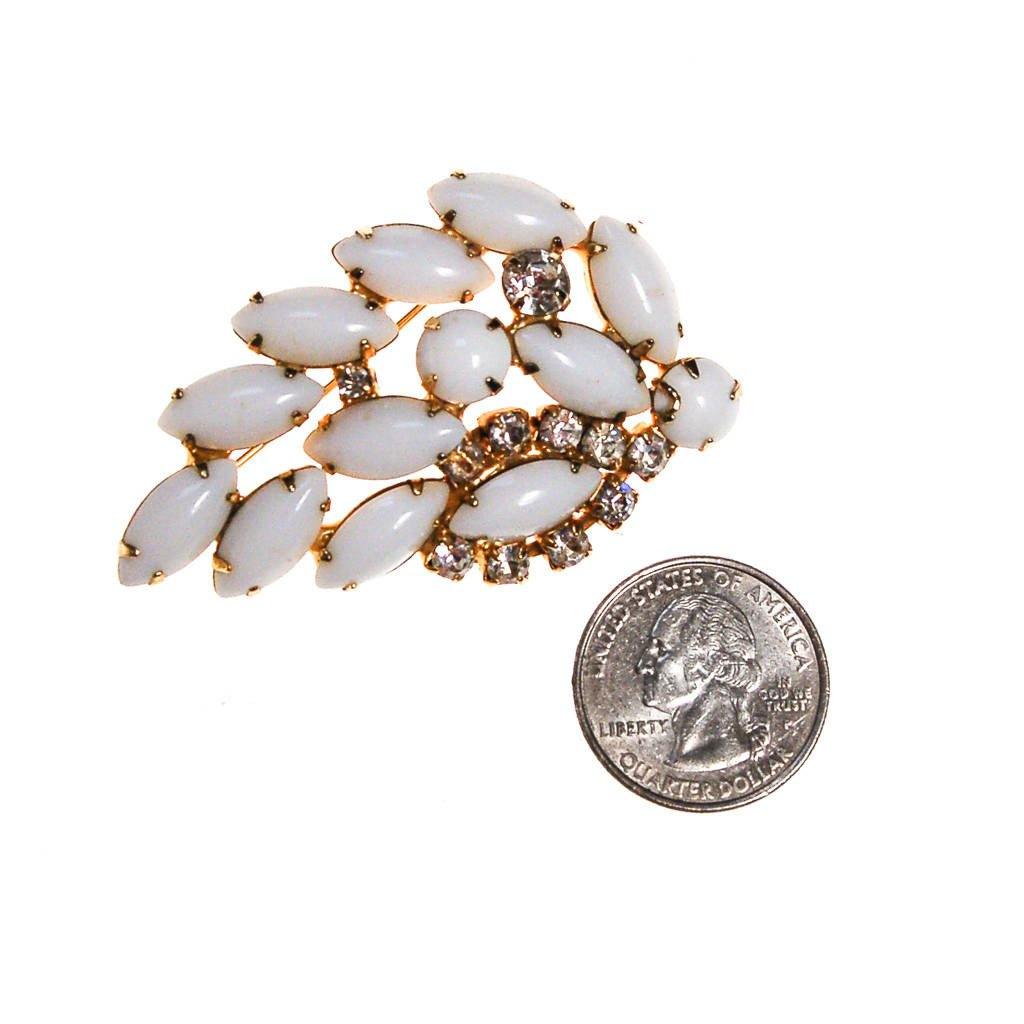 White Milk Glass and Rhinestone Brooch by 1950s - Vintage Meet Modern Vintage Jewelry - Chicago, Illinois - #oldhollywoodglamour #vintagemeetmodern #designervintage #jewelrybox #antiquejewelry #vintagejewelry