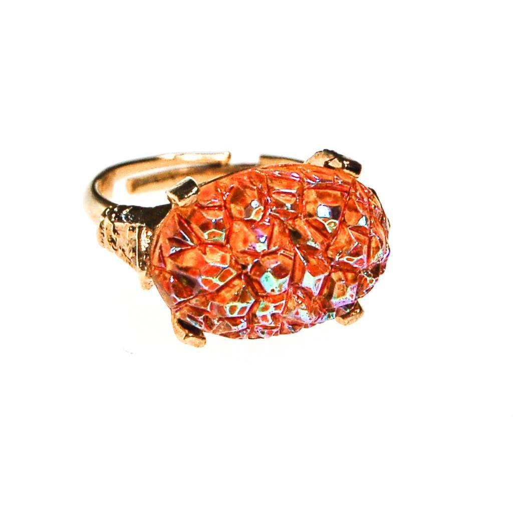 Orange Geode Crystal Statement Ring, Gold Tone, Adjustable, Mid Century Modern by 1960s - Vintage Meet Modern Vintage Jewelry - Chicago, Illinois - #oldhollywoodglamour #vintagemeetmodern #designervintage #jewelrybox #antiquejewelry #vintagejewelry