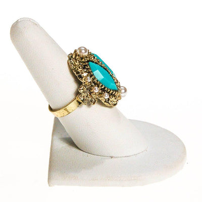 Turquoise Rhinestone and Faux Pearl Statement Ring by 1960s - Vintage Meet Modern Vintage Jewelry - Chicago, Illinois - #oldhollywoodglamour #vintagemeetmodern #designervintage #jewelrybox #antiquejewelry #vintagejewelry
