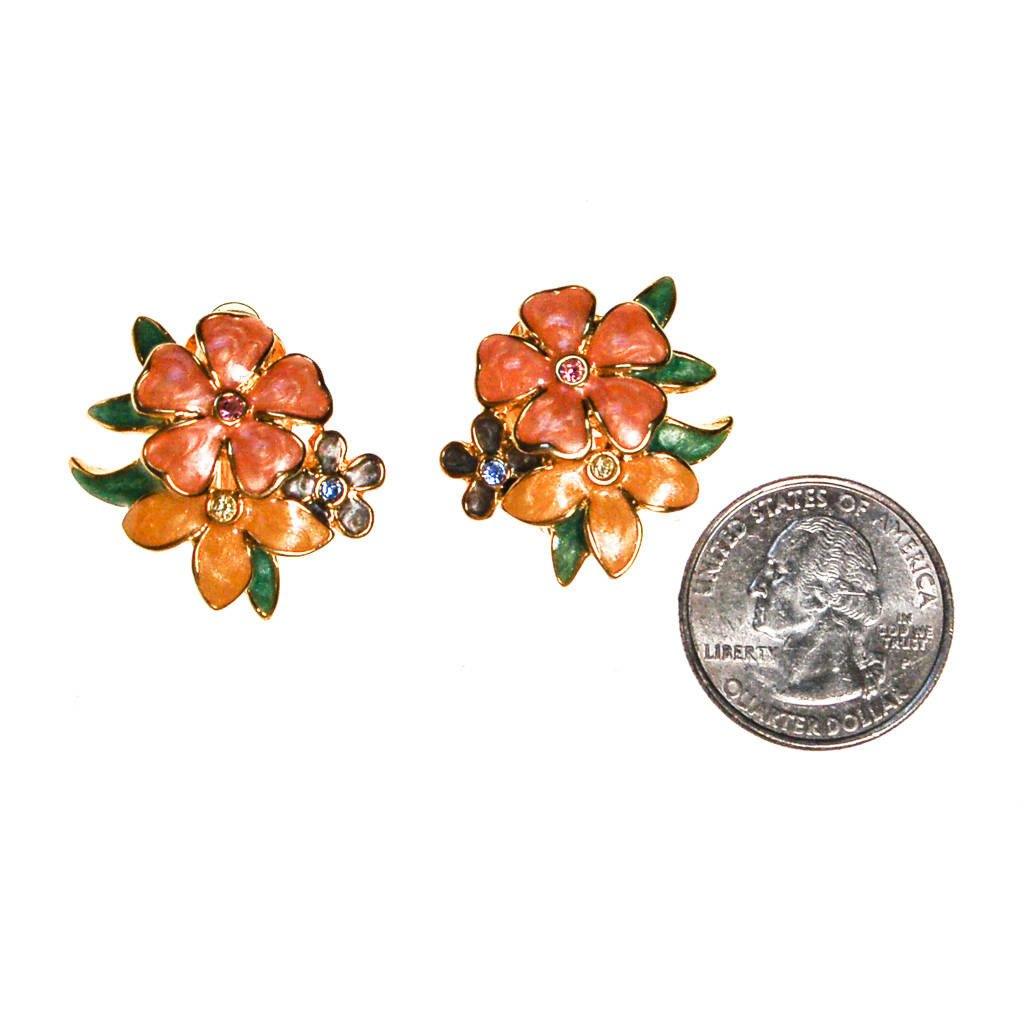 Joan Rivers Pink, Peach, Yellow Flower with Rhinestones Earrings by Joan Rivers - Vintage Meet Modern Vintage Jewelry - Chicago, Illinois - #oldhollywoodglamour #vintagemeetmodern #designervintage #jewelrybox #antiquejewelry #vintagejewelry