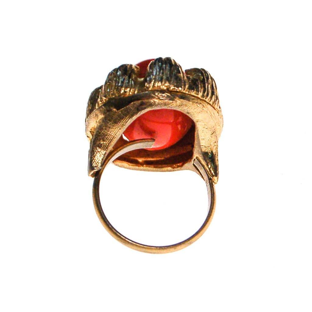 Coral Cabochon Gold Tone Statement Ring by 1960s - Vintage Meet Modern Vintage Jewelry - Chicago, Illinois - #oldhollywoodglamour #vintagemeetmodern #designervintage #jewelrybox #antiquejewelry #vintagejewelry
