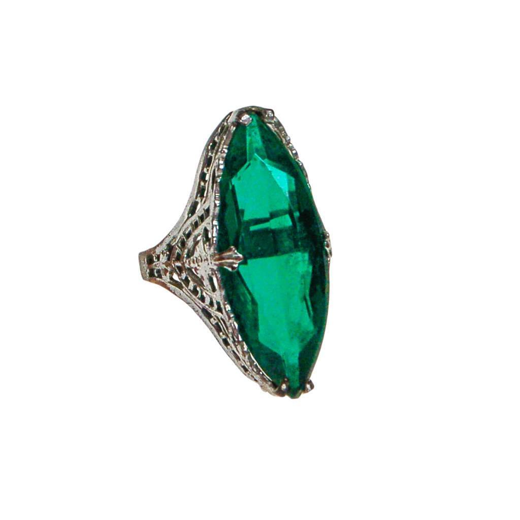 Edwardian Filigree Ring with Emerald Green Crystal Statement Ring
