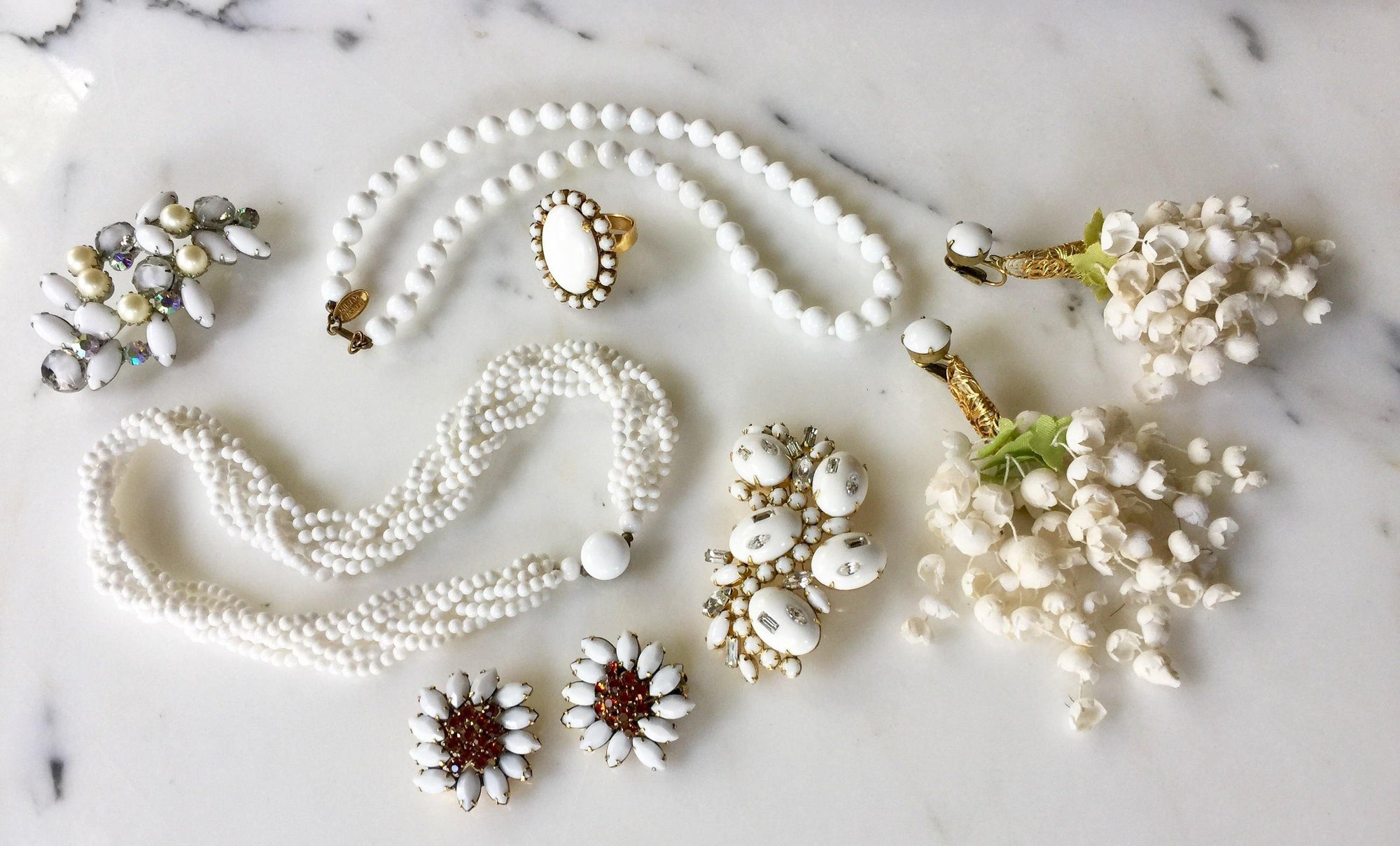 Milk Glass, Faux Pearls, and Aurora Borealis Rhinestone Brooch by 1950s - Vintage Meet Modern Vintage Jewelry - Chicago, Illinois - #oldhollywoodglamour #vintagemeetmodern #designervintage #jewelrybox #antiquejewelry #vintagejewelry