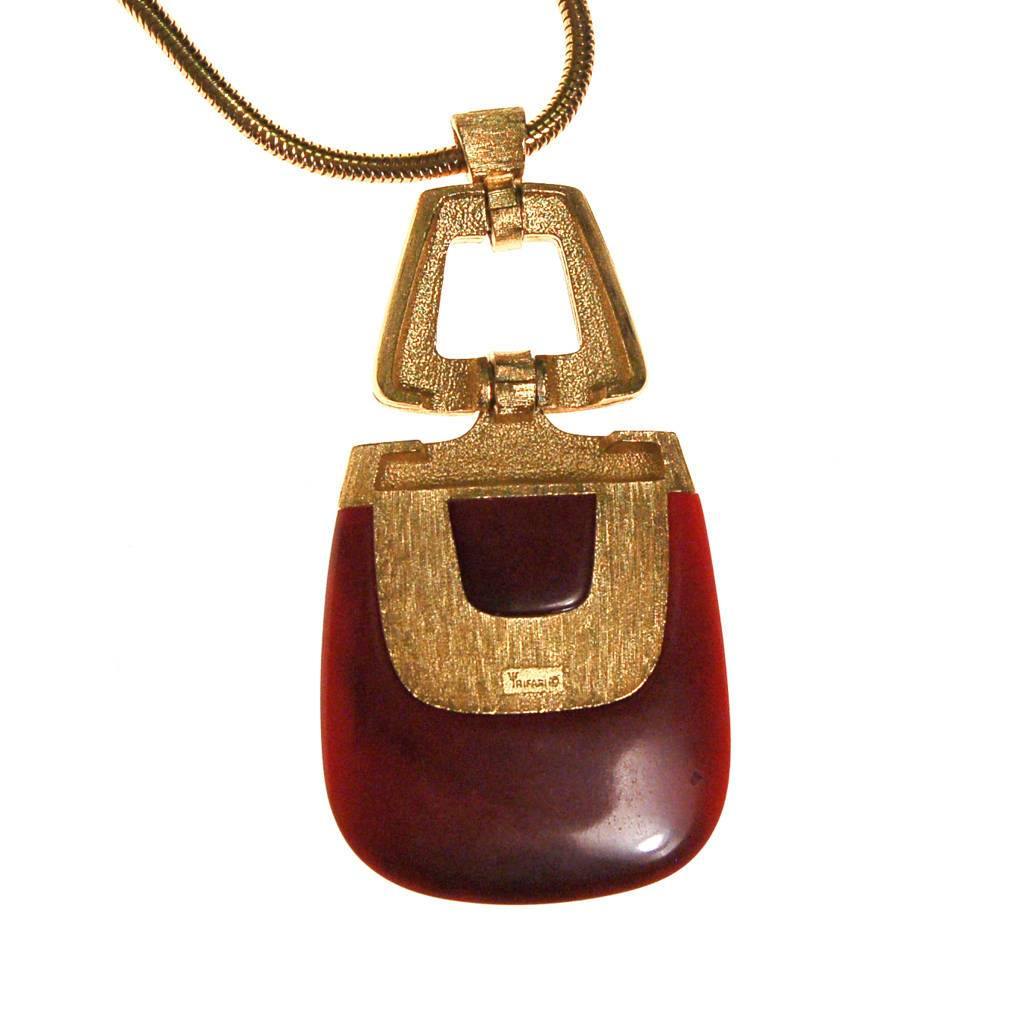 Crown Trifari Modernist Pendant Necklace with Red Lucite by Crown Trifari - Vintage Meet Modern Vintage Jewelry - Chicago, Illinois - #oldhollywoodglamour #vintagemeetmodern #designervintage #jewelrybox #antiquejewelry #vintagejewelry