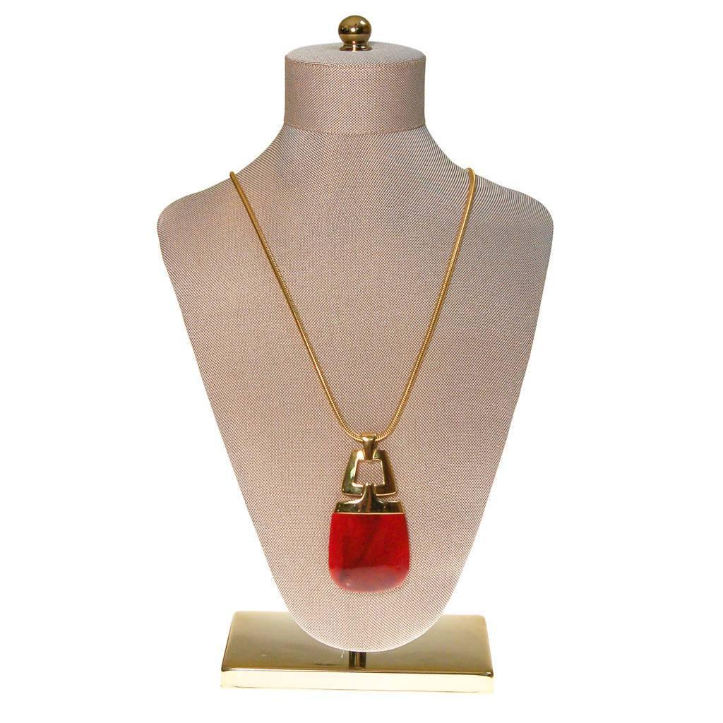 Crown Trifari Modernist Pendant Necklace with Red Lucite by Crown Trifari - Vintage Meet Modern Vintage Jewelry - Chicago, Illinois - #oldhollywoodglamour #vintagemeetmodern #designervintage #jewelrybox #antiquejewelry #vintagejewelry
