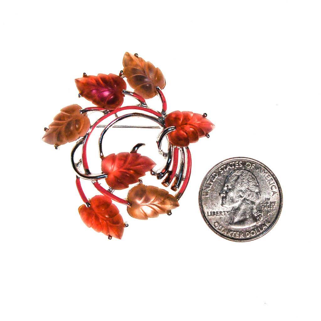 Pink and Orange Lucite Leaf Brooch, Silver Tone by STAR by STAR - Vintage Meet Modern Vintage Jewelry - Chicago, Illinois - #oldhollywoodglamour #vintagemeetmodern #designervintage #jewelrybox #antiquejewelry #vintagejewelry