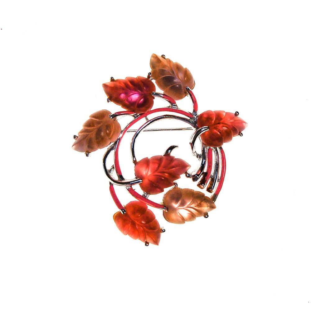 Pink and Orange Lucite Leaf Brooch, Silver Tone by STAR