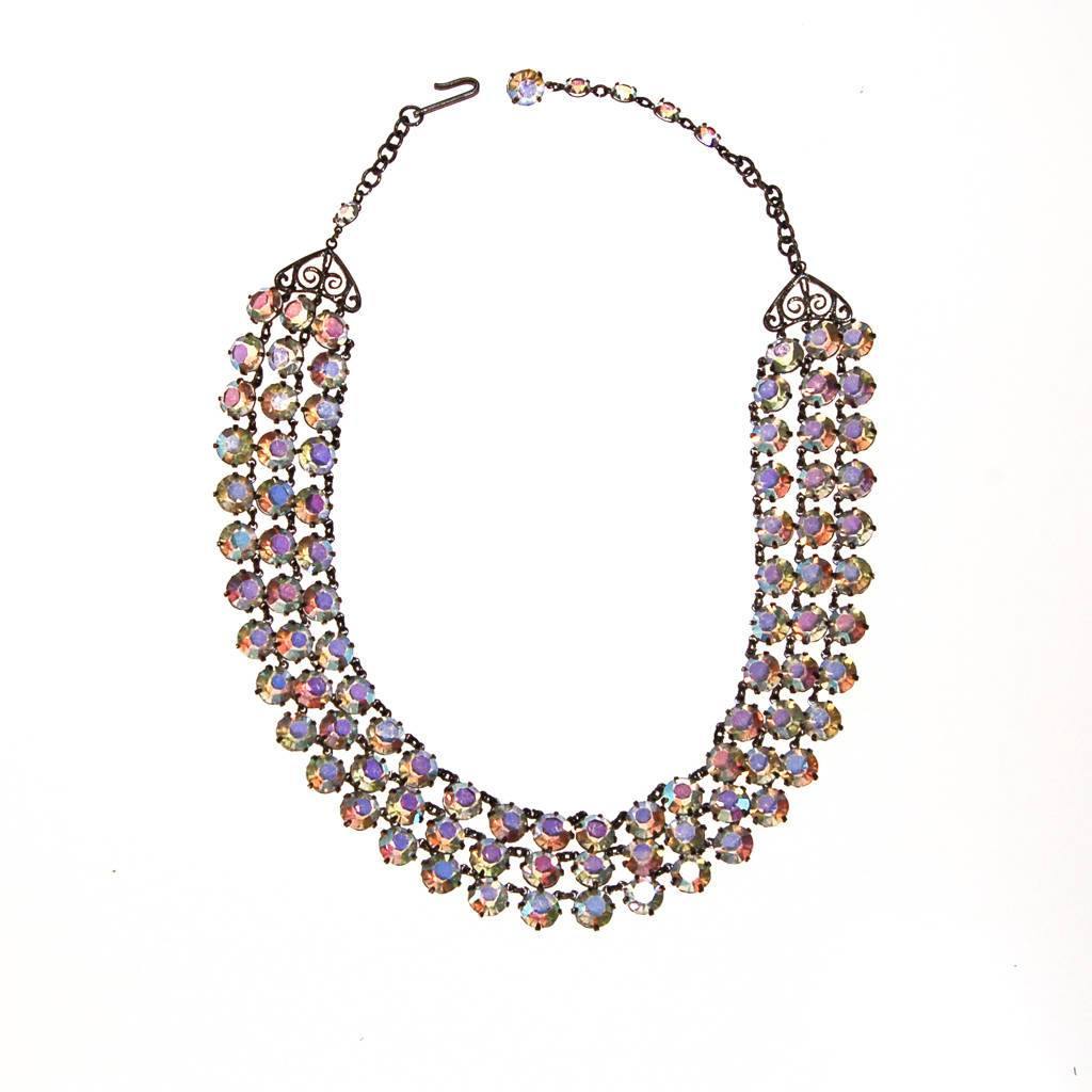 Triple Strand Aurora Borealis Bezel Set Crystal Beaded Necklace