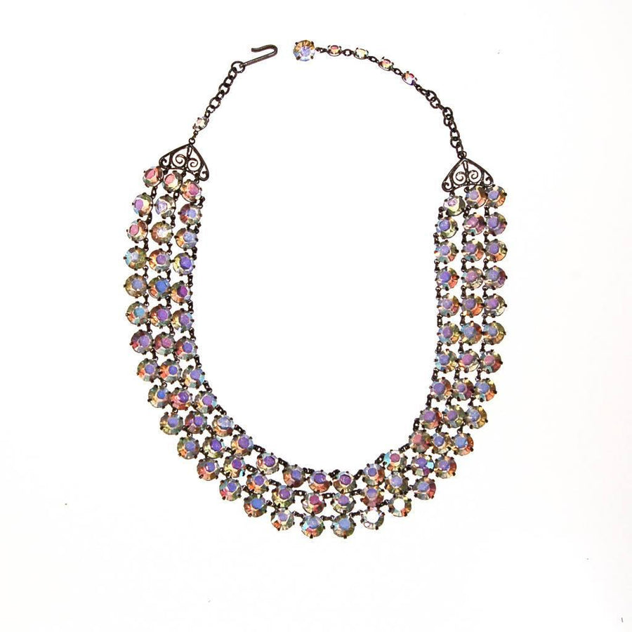Triple Strand Aurora Borealis Bezel Set Crystal Beaded Necklace by Aurora Borealis - Vintage Meet Modern Vintage Jewelry - Chicago, Illinois - #oldhollywoodglamour #vintagemeetmodern #designervintage #jewelrybox #antiquejewelry #vintagejewelry