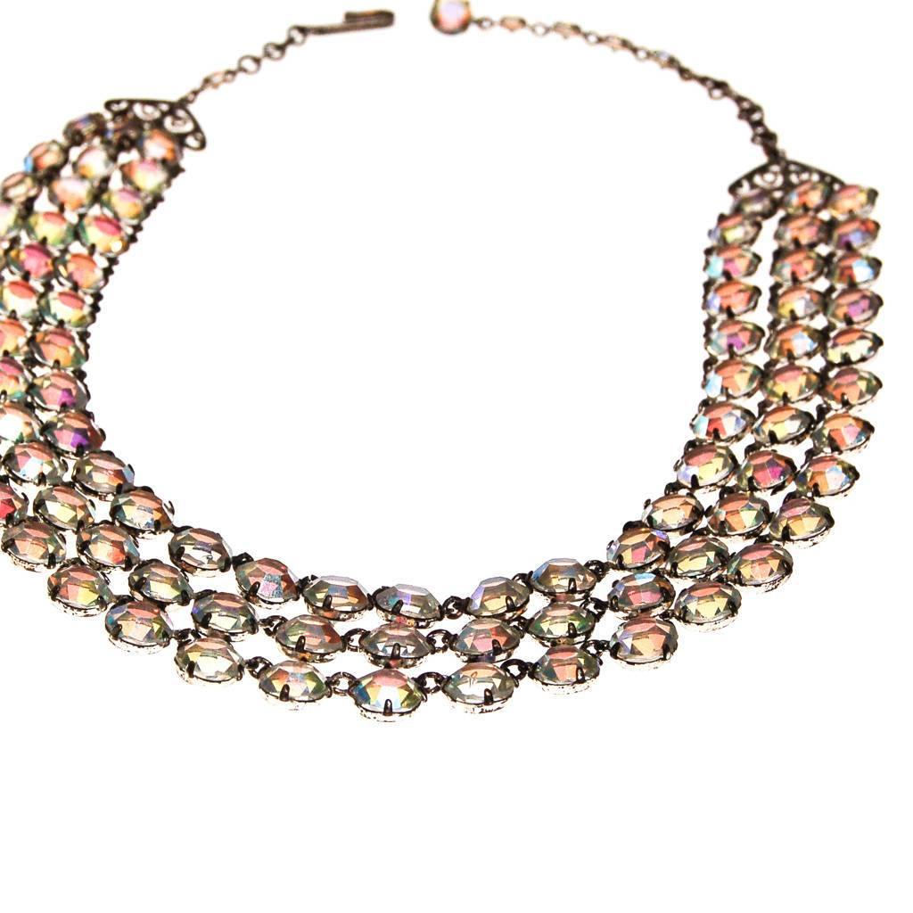 Triple Strand Aurora Borealis Bezel Set Crystal Beaded Necklace by Aurora Borealis - Vintage Meet Modern Vintage Jewelry - Chicago, Illinois - #oldhollywoodglamour #vintagemeetmodern #designervintage #jewelrybox #antiquejewelry #vintagejewelry