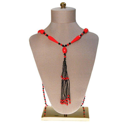 Art Deco Black and Red Beaded Tassel Necklace by Art Deco - Vintage Meet Modern Vintage Jewelry - Chicago, Illinois - #oldhollywoodglamour #vintagemeetmodern #designervintage #jewelrybox #antiquejewelry #vintagejewelry