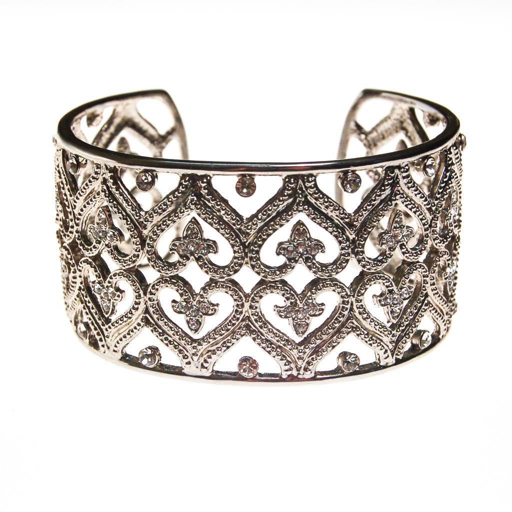 Wide Silver Filigree Cuff with Cubic Zirconias by 1980s - Vintage Meet Modern Vintage Jewelry - Chicago, Illinois - #oldhollywoodglamour #vintagemeetmodern #designervintage #jewelrybox #antiquejewelry #vintagejewelry