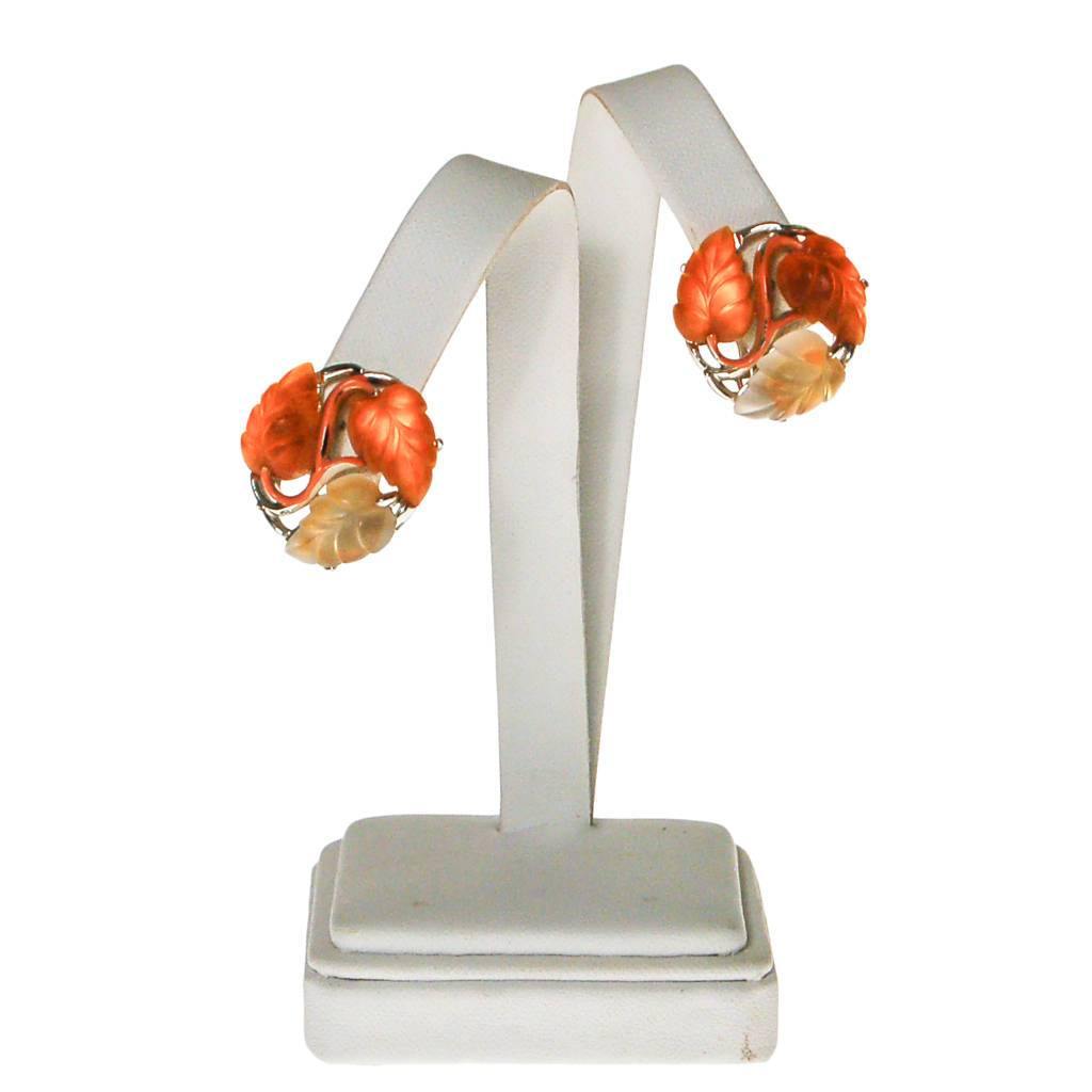 STAR Orange and Yellow Lucite Leaf Earrings by STAR - Vintage Meet Modern Vintage Jewelry - Chicago, Illinois - #oldhollywoodglamour #vintagemeetmodern #designervintage #jewelrybox #antiquejewelry #vintagejewelry